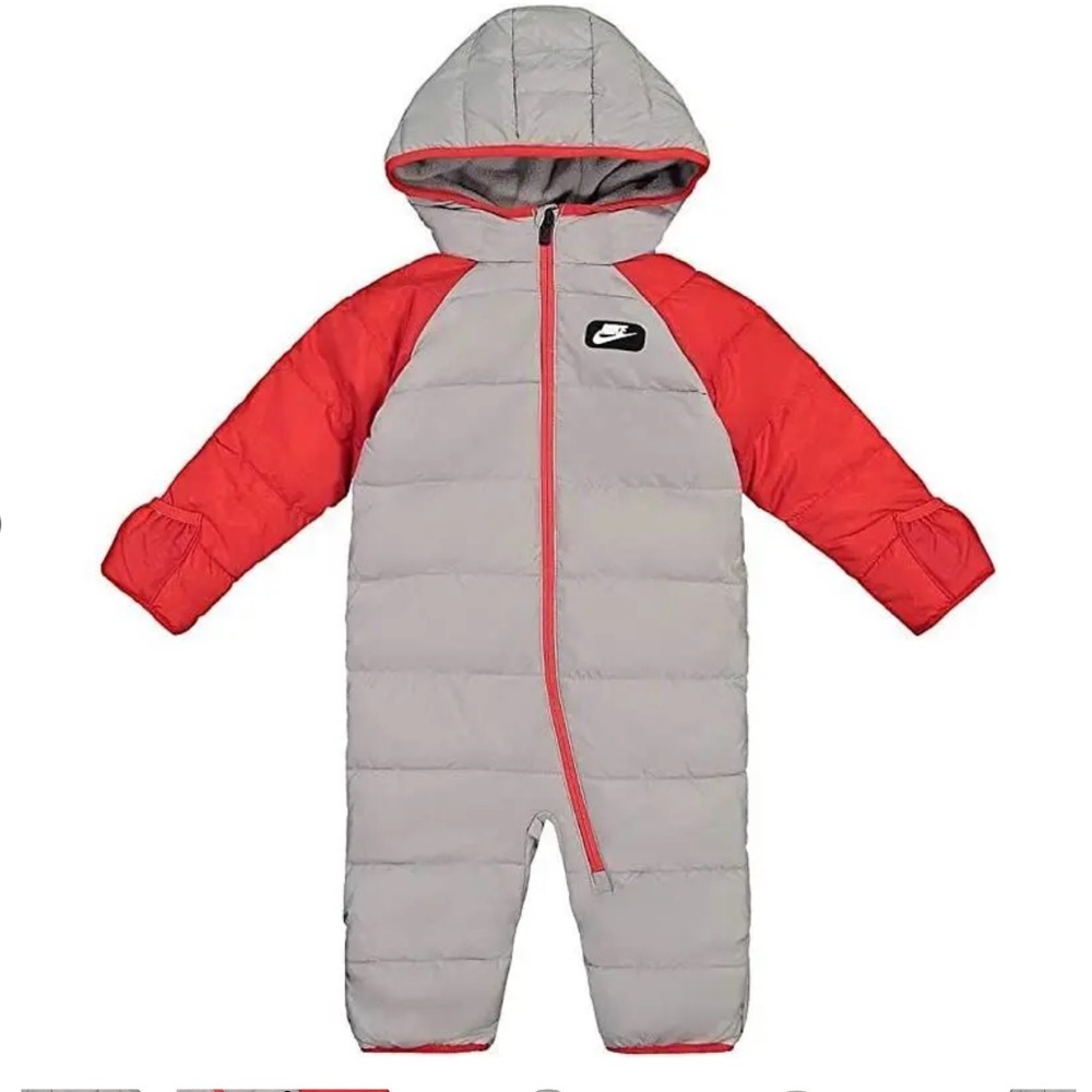 Nike Baby Fleece Lined Puffer Snowsuit Gray/Red Hooded Snowsuit, Size Newborn.